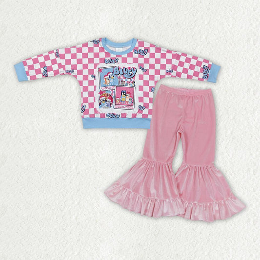 Baby Girls Plaid Long Sleeves Green Face Shirt Pink Velvet Pants Christmas Clothes Set RTS