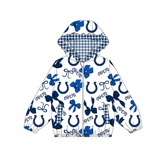 ( Moq 5 ) Baby Girls Kids Blue Bows Cheer Pockets Hoodie Zipper Team Jacket Tops