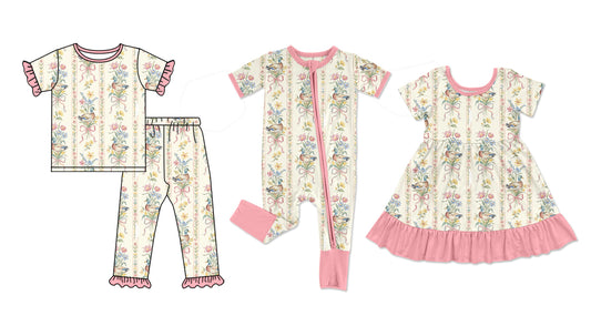 ( Moq 5 Each Style ) Baby Girls Kids Short Sleeves Flower Ducks Bows Sibling Romper Dress Set