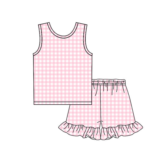 ( Moq 5 )  Preorder Baby Girls Kids Sleeveless Pink Plaid Tops Ruffle Shorts Set Summer Clothes