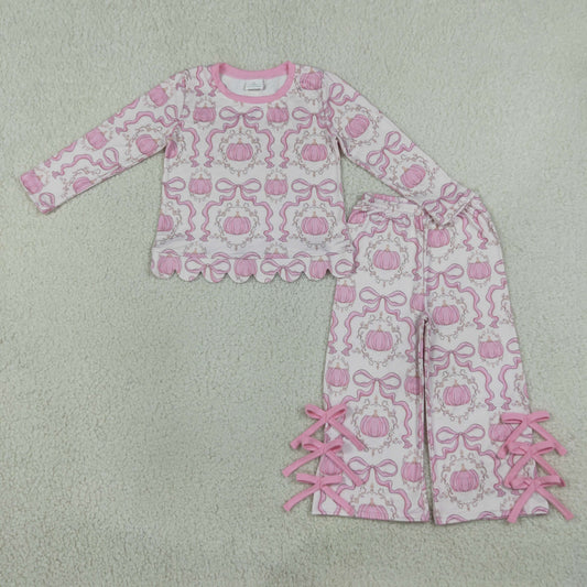 Baby Girls Kids Long Sleeves Pumpkins Scallop Shirt Pink Bows Pants Set Fall Clothes RTS