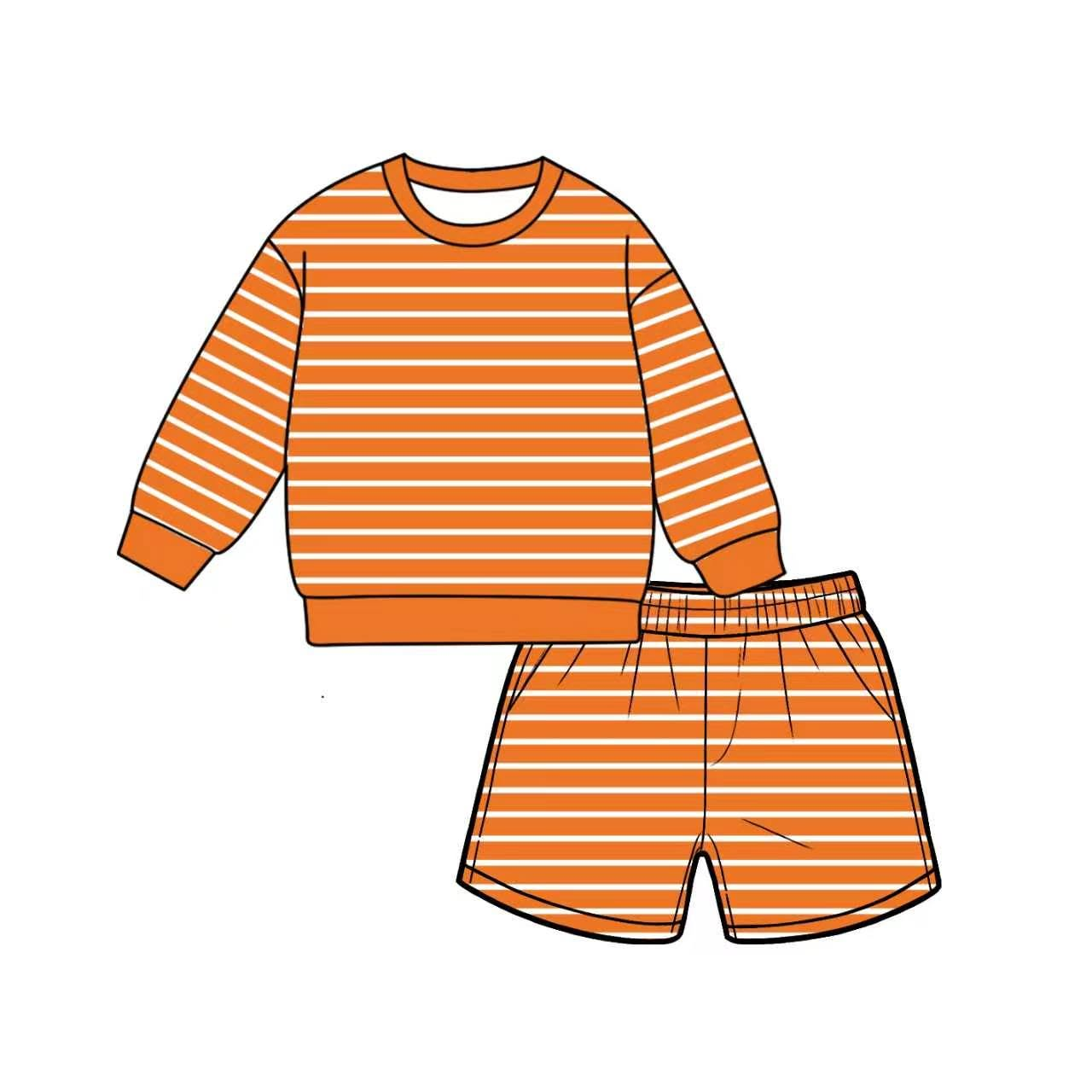 ( Moq 5 ) Preorder Adult Women Long Sleeves Orange Stripes Shirt Pockets Shorts Yoga Active Set