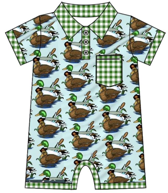 Baby Boy Girl Duck Plaid Bows Sibling Matching Green Dress Romper Clothes Set ( Moq 5 Each style )