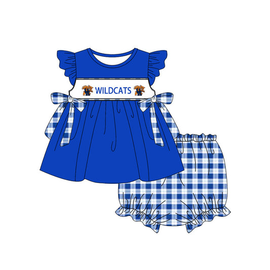 Baby Girl Short Sleeves Tiger Team Blue Tops Checked Bummie Clothes Set (Moq 5 )