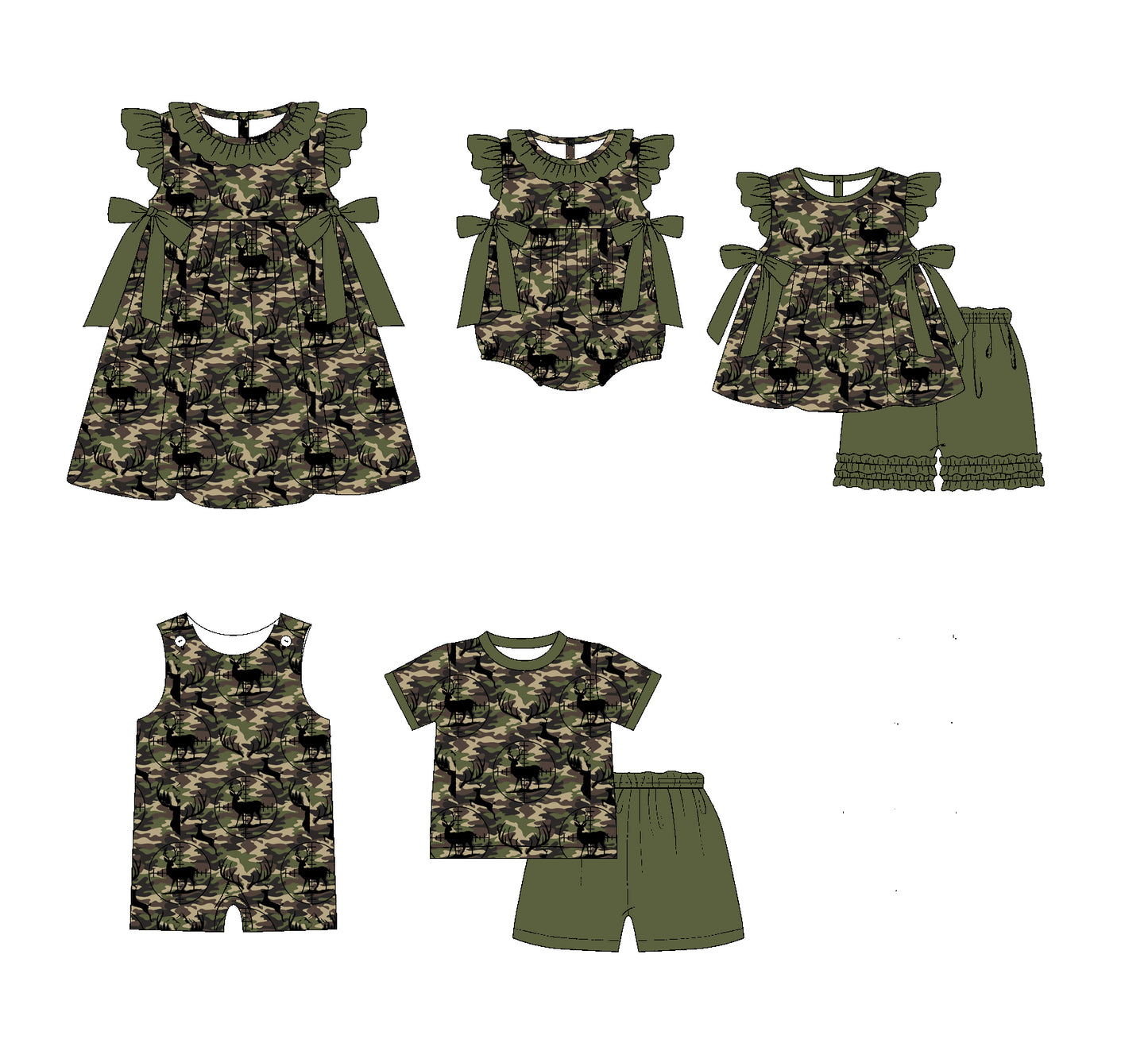 Baby Boy Girl Deer Camo Sibling Green Dress Romper Clothes Set ( Moq 5 Each style )