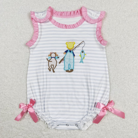 SR0643 Baby Girl Sleeveless Embroidery Fishing Stripes One Piece Romper