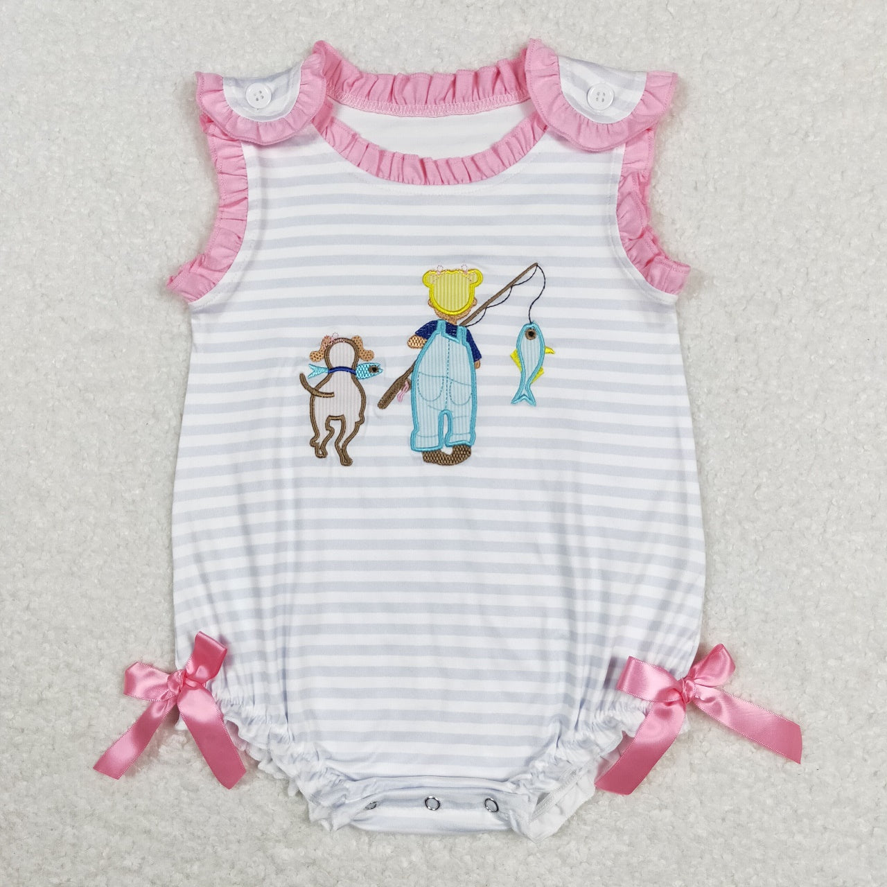 SR0644 Baby Boy Sleeveless Embroidery Fishing Stripes One Piece Romper