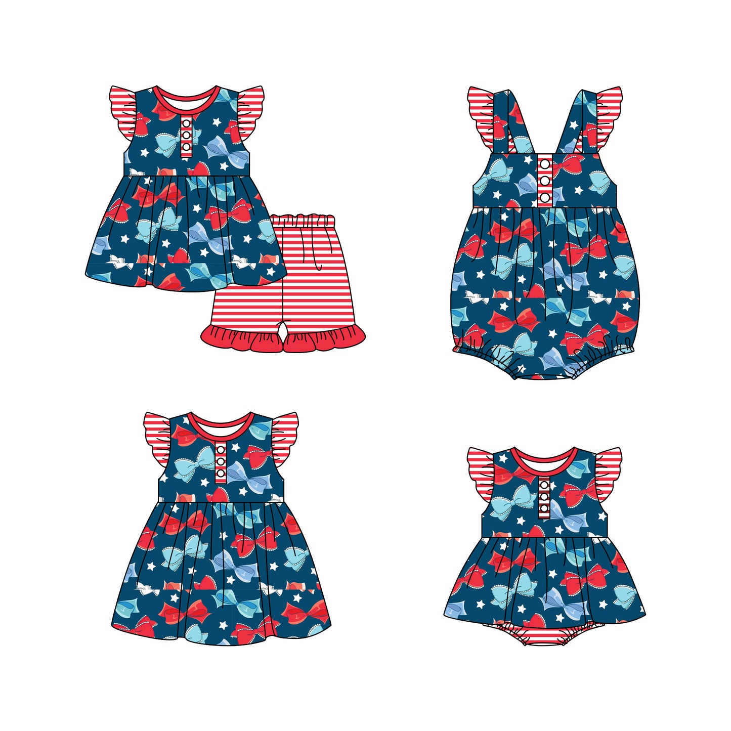 Baby Girl July 4th Bows Sibling Romper Dress Clothes Set ( Moq 5 Each Design )