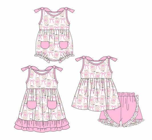Baby Girl Straps Pink Bows Sibling Romper Dress Set ( Moq 5 Each Style ) 3.3