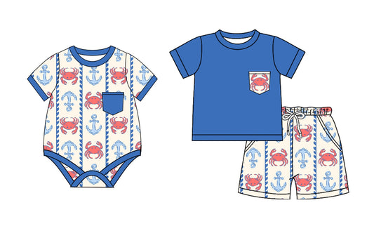Baby Boy Short Sleeves July 4th Crabs Sibling Romper Set ( Moq 5 Each Style ) 2.19