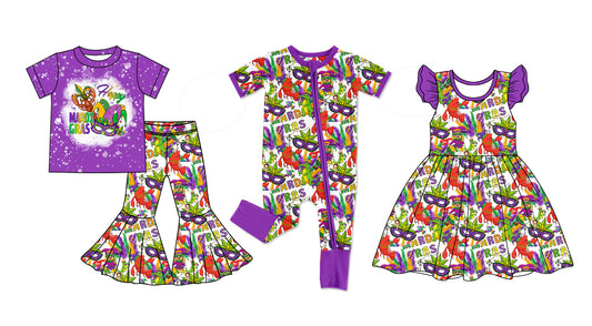 Baby Girl Short Sleeves Mardi Gras Crawfish Sibling Romper Dress Set ( Moq 5 Each Design ) 12.11