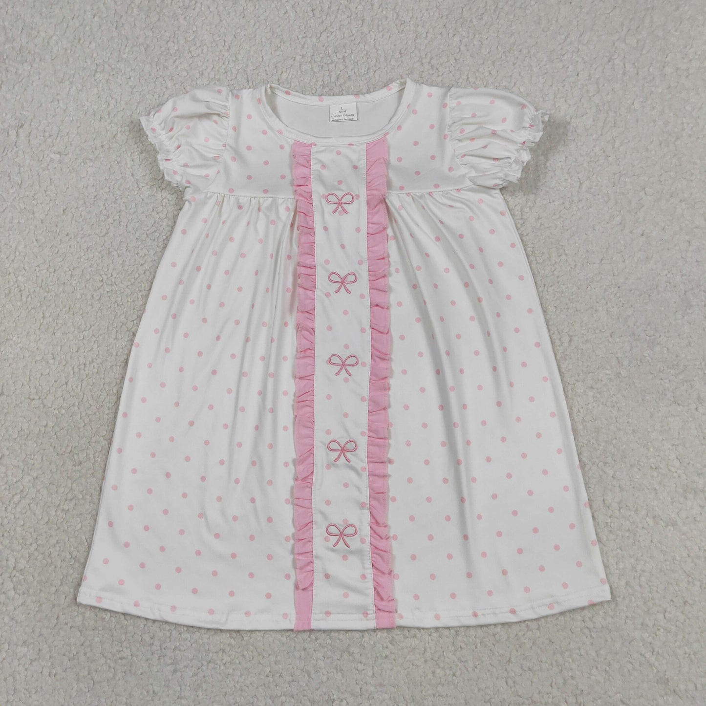 Baby Girls Short Sleeves Embroidery Bows Dots Pink Ruffle Knee Length Dress RTS
