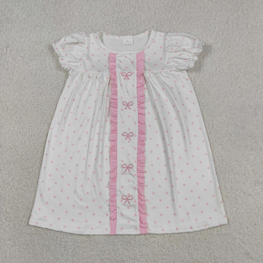 Baby Girls Short Sleeves Embroidery Bows Dots Pink Ruffle Knee Length Dress RTS