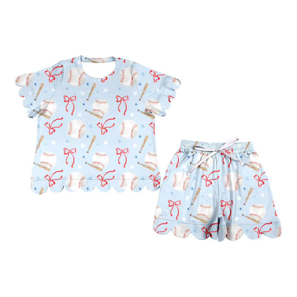 ( Moq 5 ) Preorder Adult Women Short Sleeves Baseball Bows Scallop Shirt Shorts Clothes Blue Set
