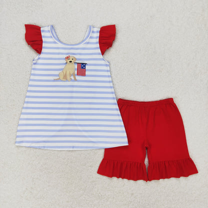 Baby Boy Girl July 4th Embroidery Dog Flag Sibling Romper Dress Set