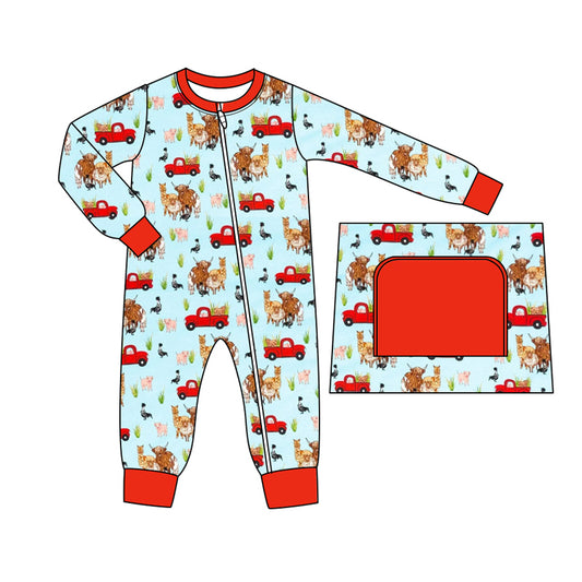 Baby Boy Infant Long Sleeves Farm Animals Trucks Zipper Romper