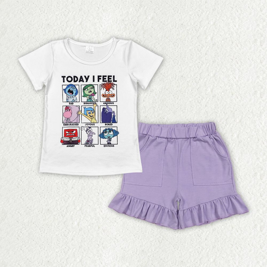 Baby Girl Toddler Kids Short Sleeves Cartoon Shirt Purple Pockets Shorts Set RTS