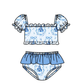 ( Moq 5 ) Preorder Baby Girls Kids Short Sleeves Castles Bows Tops Brown Ruffle Shorts Set Swimsuit
