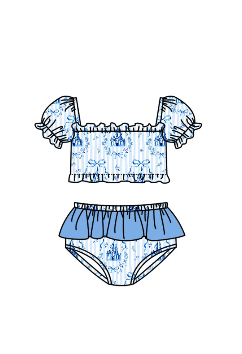 ( Moq 5 ) Preorder Baby Girls Kids Short Sleeves Castles Bows Tops Brown Ruffle Shorts Set Swimsuit