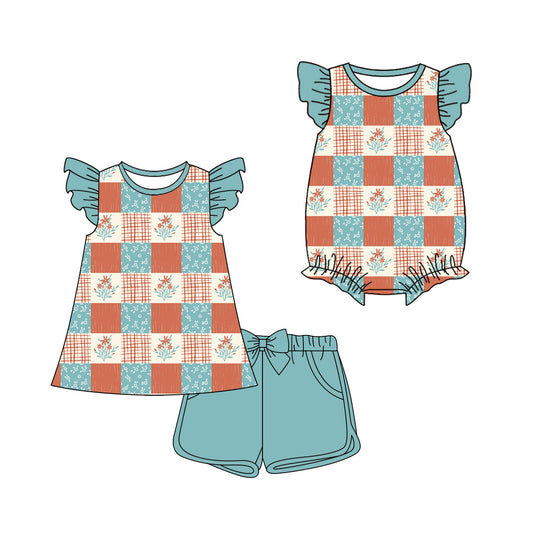 ( Moq 5 Each Style ) Sibling Baby Girls Kids Short Sleeves Flower Plaid Romper Set Summer Clothes