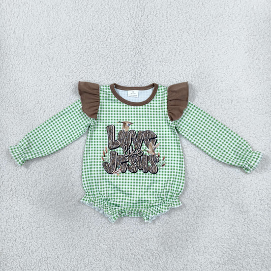 Baby Girl Long Sleeves Ducks Jesus Green Plaid Bubble Romper RTS