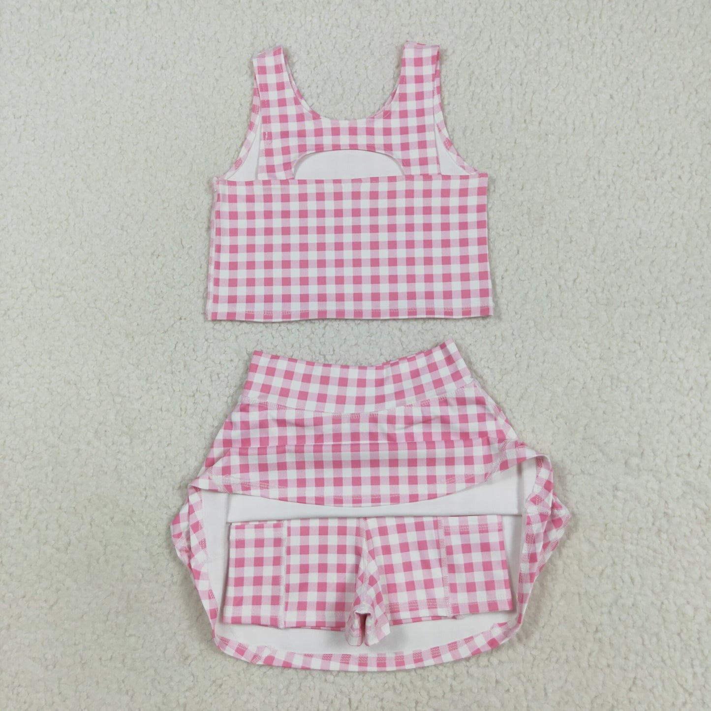 Baby Girl Sleeveless Pink Plaid Tops Shorts Skirt Skort Yoga Active Wear Clothes Set RTS