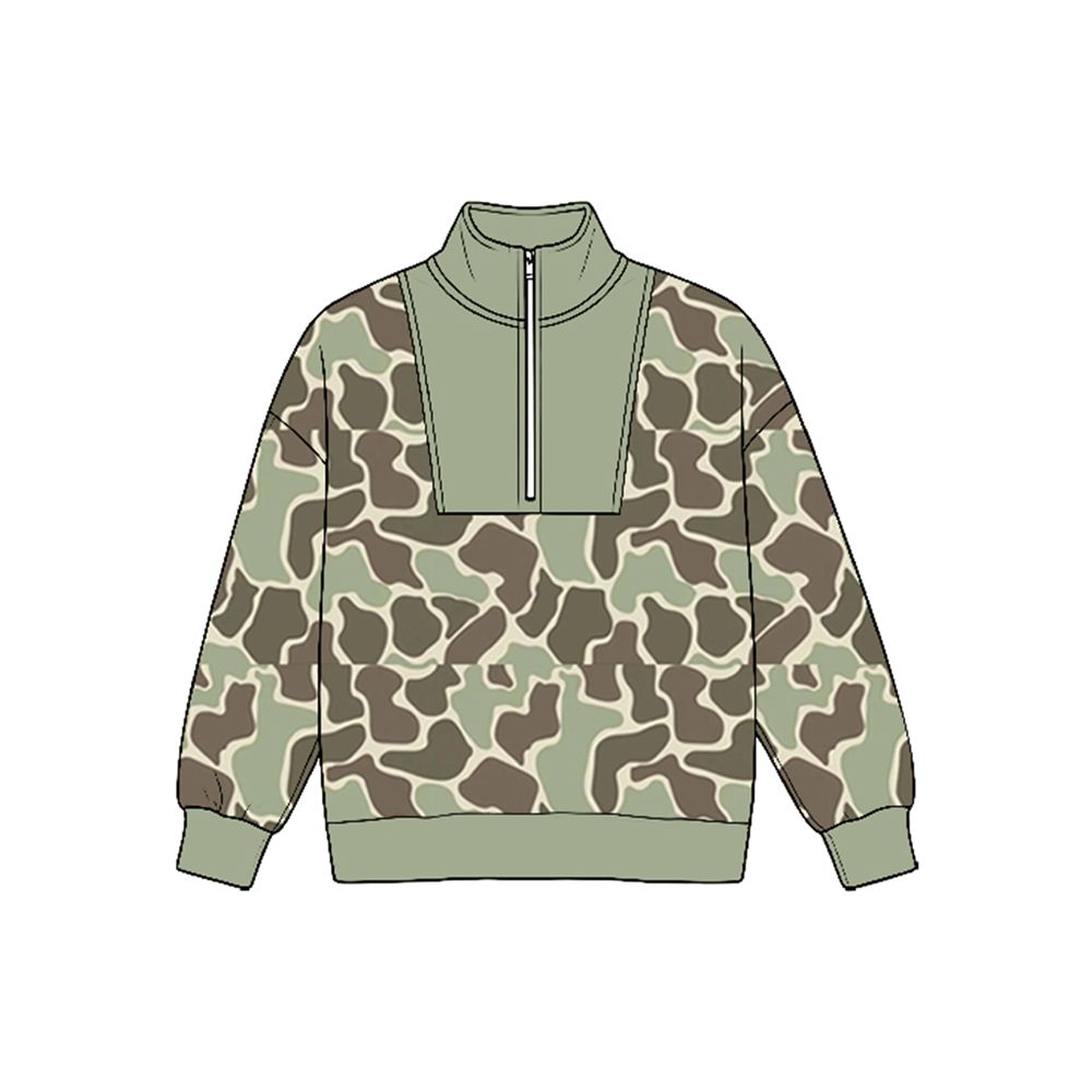 ( Moq 5 ) Preorder Baby Boys Kids Long Sleeves Half Zip Pullover Green Camo Shirt Tops