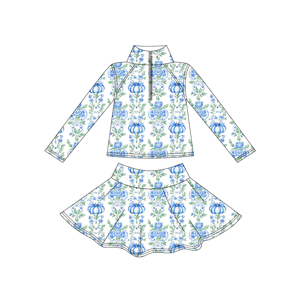 ( Moq 5 ) Preorder Baby Girls Kids Blue Pumpkins Bows Flower Zipper Shirt Skirt Shorts Yoga Active Set Fall Clothes