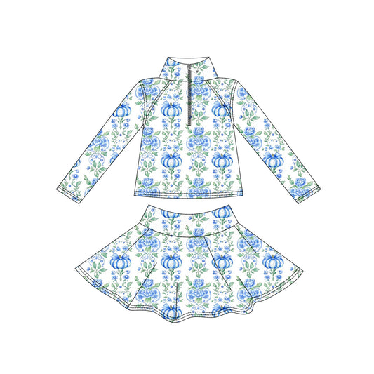 ( Moq 5 ) Preorder Baby Girls Kids Blue Pumpkins Bows Flower Zipper Shirt Skirt Shorts Yoga Active Set Fall Clothes