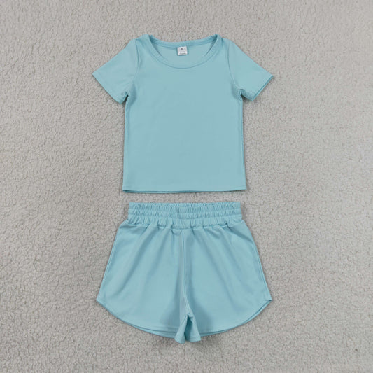 Baby Girls Kids Short Sleeves Light Blue Shirt Skirt Shorts Yoga Active Set Clothes RTS