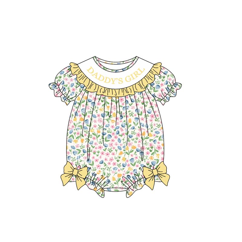( Moq 5 ) Preorder Baby Girls Infant Daddy's Girl Floral Yellow Bows Bubble Romper Clothes