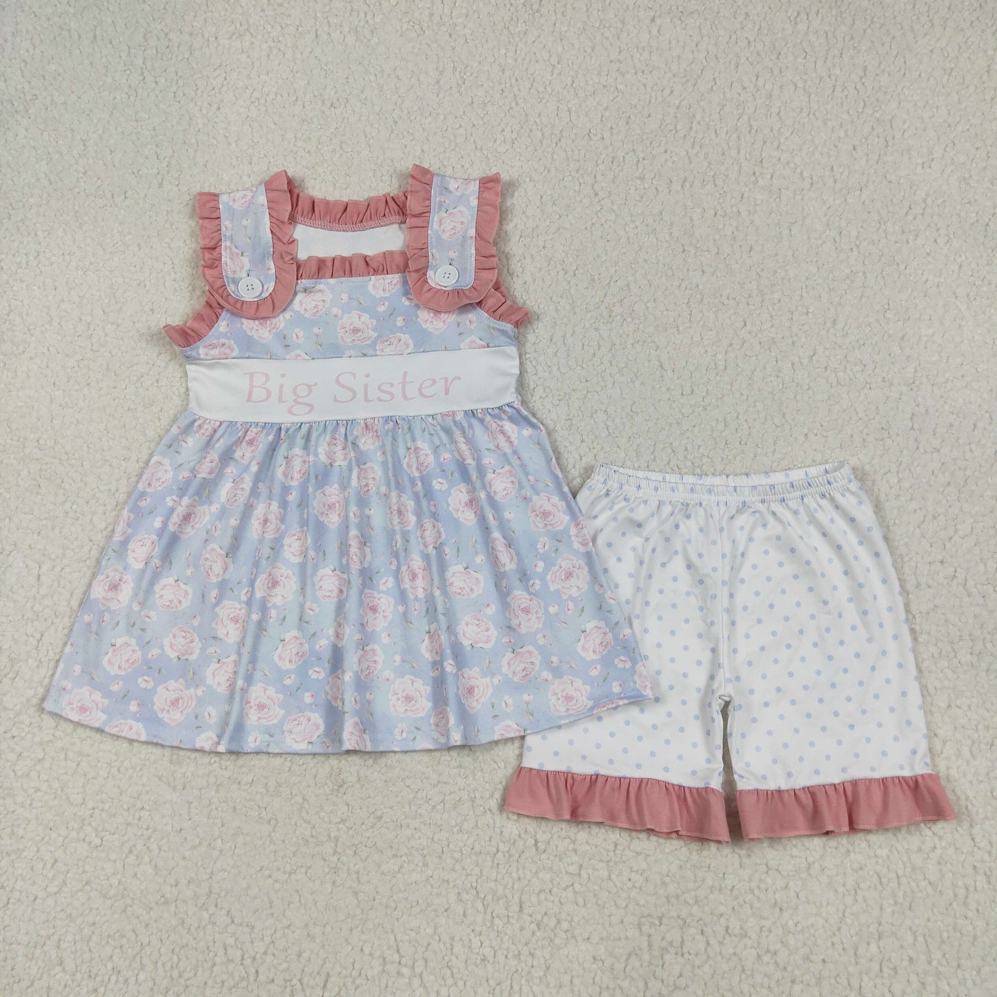 Baby Girl Sleeveless Floral Big Sister Tunic Dots Short Set RTS