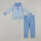 Boys Kids Long Sleeves Santa Christmas Shirt Blue Pants Set RTS