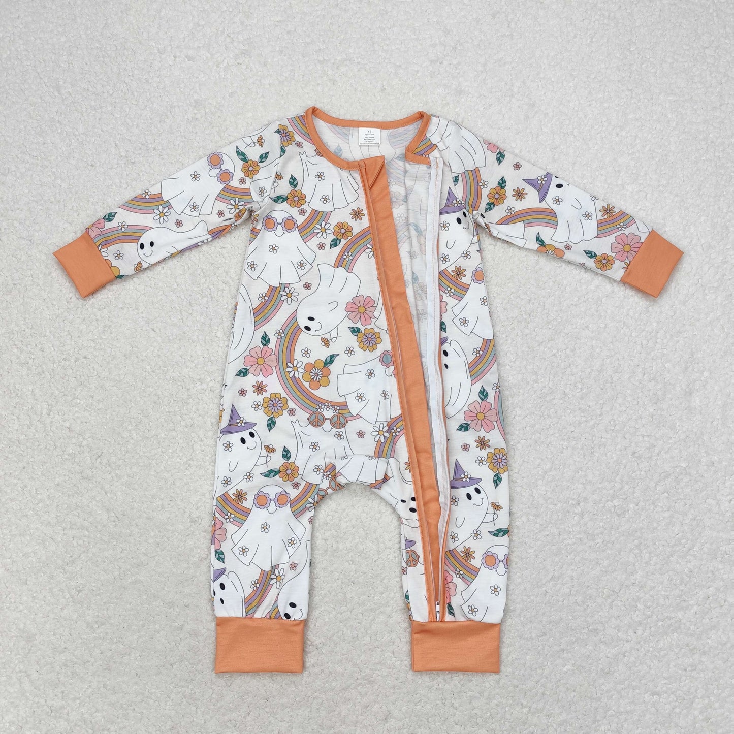 Baby Girl Bamboo Long Sleeves Halloween Fall Ghost Rainbow Flower Zipper Romper