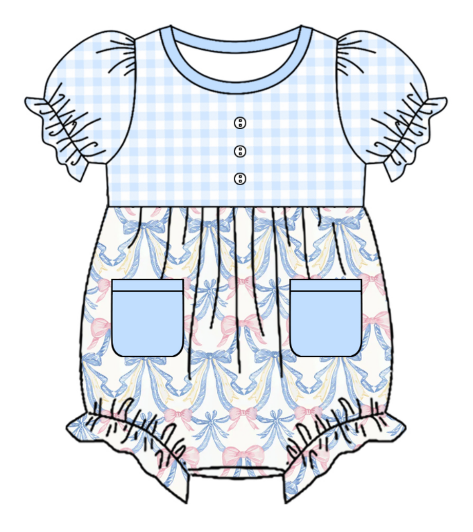 Baby Girl Short Sleeves Bows Plaid Blue Sibling Romper Dress Clothes Set ( Moq 5 Each Design )