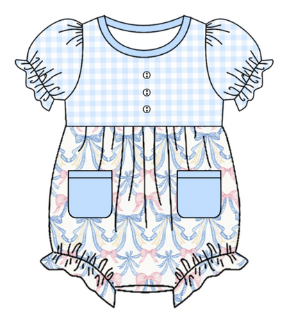 Baby Girl Short Sleeves Bows Plaid Blue Sibling Romper Dress Clothes Set ( Moq 5 Each Design )