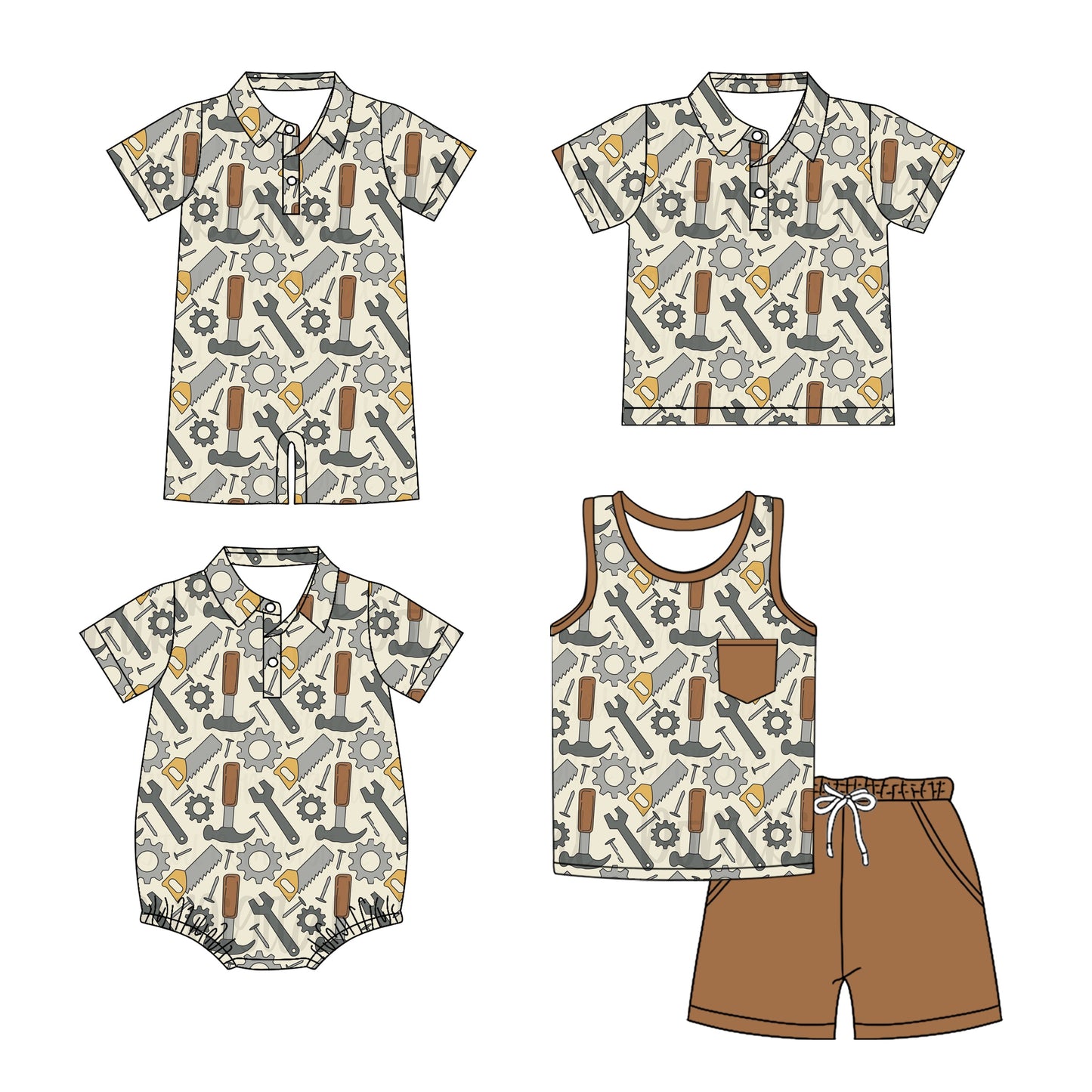 Baby Boy Short Sleeves Tools Sibling Romper Shirt Set ( Moq 5 Each Style ) 3.10