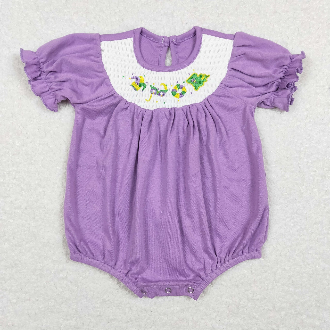 GSD0502 Baby Girl Short Sleeves Mardi Gras Embroidery Smocked Purple Cotton Dress