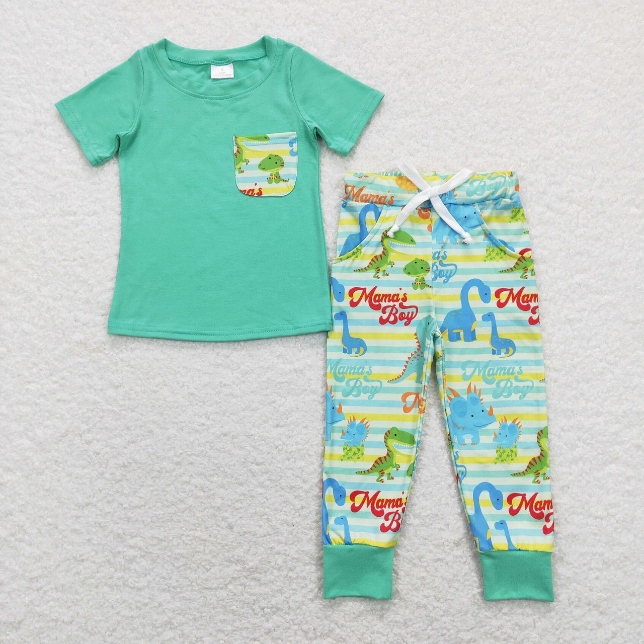 BSPO0204 Baby Kids Green Short Sleeves Shirt Mama's Boy Dinosaurs Stripes Pocket Pants Set