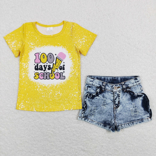 GSSO0524 Baby Girl Back To School Yellow Shirt Denim Shorts Set