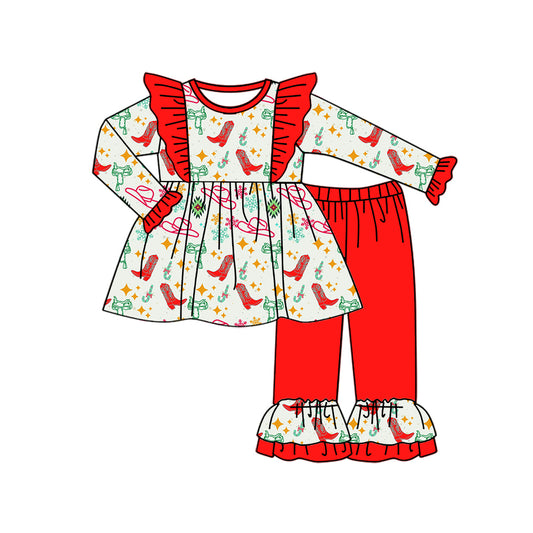 Baby Girl Toddler Western Boots Hats Christmas Tunic Red Pants Set