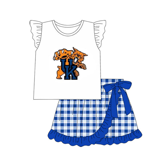 Baby Girl Short Sleeves Tiger Team Shirt Blue Bow Checked Ruffle Skirt Clothes Set (Moq 5 )