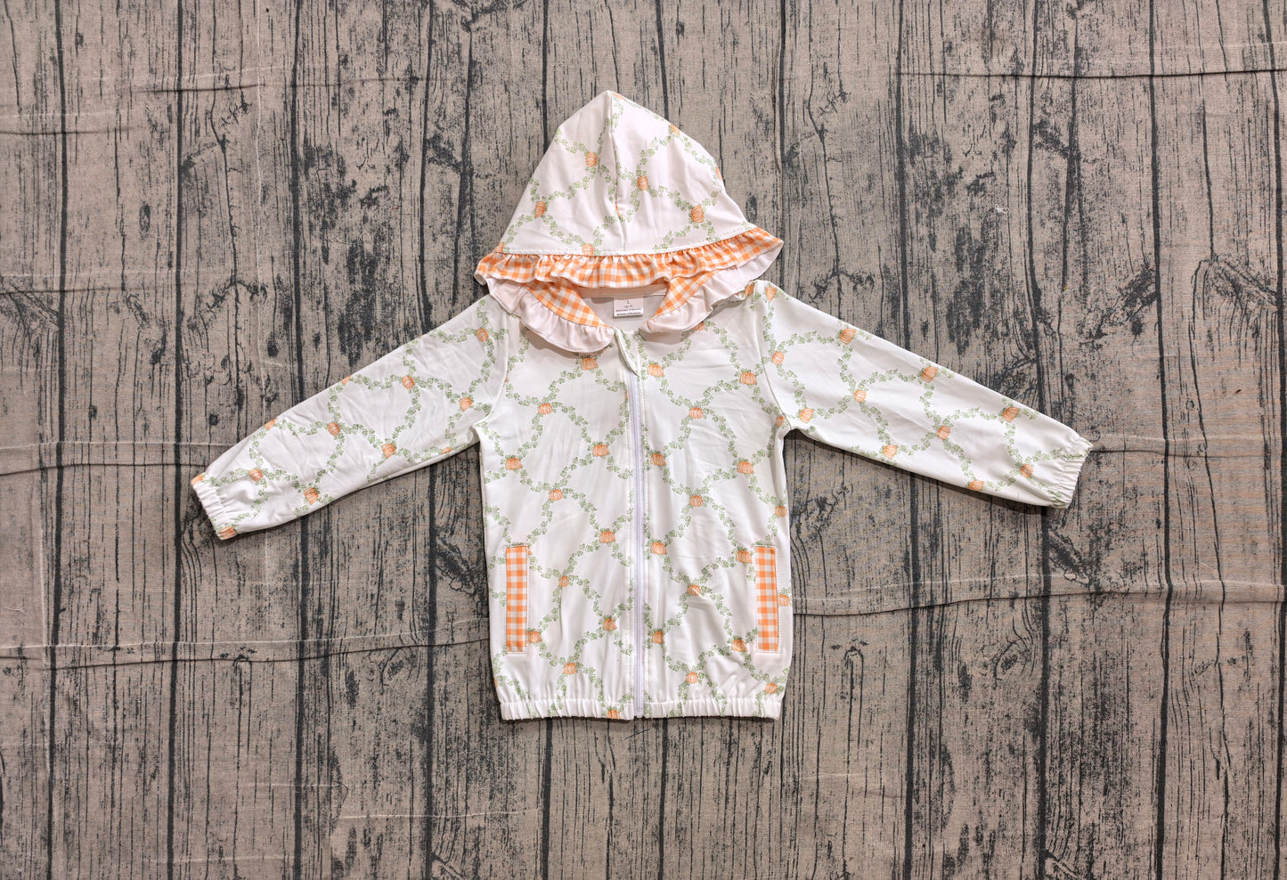( No moq ) Preorder Baby Girls Kids Long Sleeve Pumpkins Pockets Plaid Hoodie Zipper Tops Fall Clothes