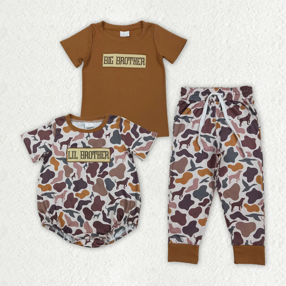 Sibling Baby Boys Kids Short Sleeves Embroidery Big Brother Camo Romper Set Clothes RTS
