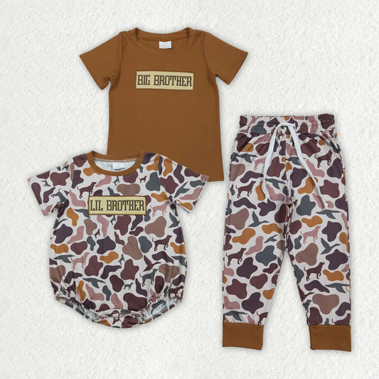 Sibling Baby Boys Kids Short Sleeves Embroidery Big Brother Camo Romper Set Clothes RTS
