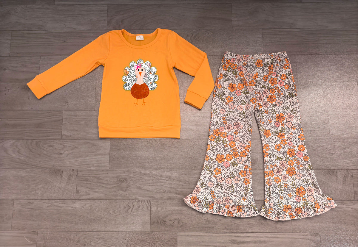 ( No moq ) Preorder Baby Girls Kids Embroidery turkey Thanksgiving Shirt Floral Pants Set Clothes