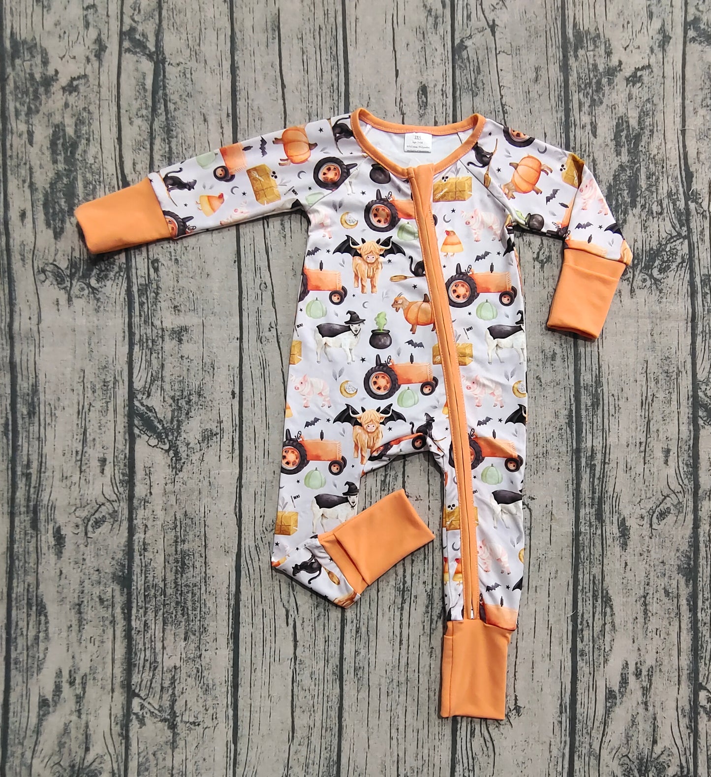 Baby Boy Long Sleeves Halloween Pumpkins Farm Animals Zipper Romper RTS