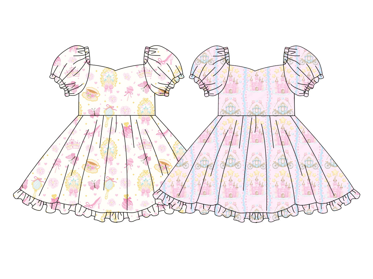( Moq 5 Each Style ) Sibling Baby Girls Kids Short Sleeves Castle Bows Knee Length Dresses