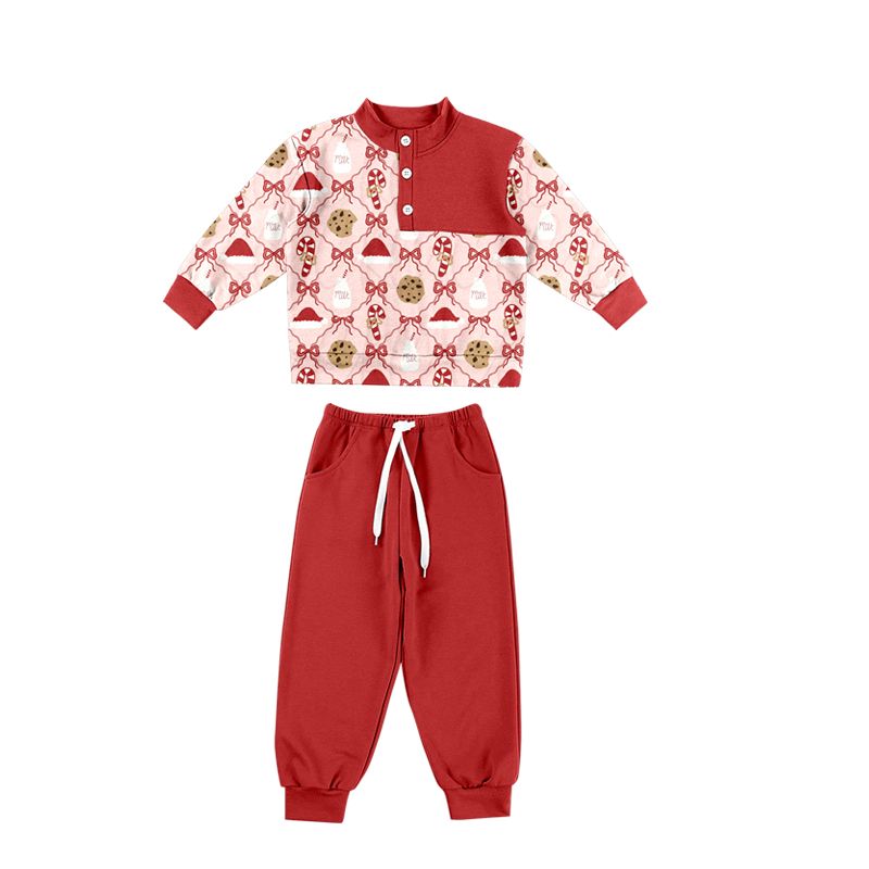( Moq 5 ) Preorder Baby Girls Kids Christmas Santa Bows Buttons Shirt Red Pockets Pants Set Clothes