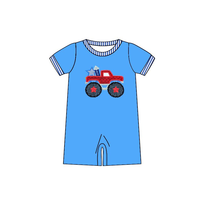 Moq 3 Pre-order SR0758 Baby Boy Tractor July 4th Blue One Piece Romper